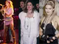Madonna w stylu lat 80. na imprezę: fioletowa spódniczka, koronkowy top, białe futro i mnóstwo naszyjników.