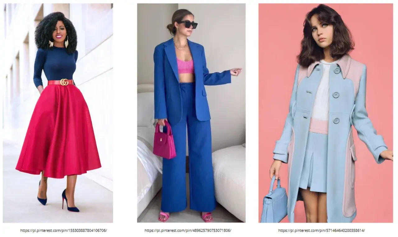 Kobieca stylizacja: granatowy top i czerwona spódnica, niebieski garnitur z różowym topem, błękitny płaszcz z różowymi wstawkami. Jaki kolor pasuje do niebieskiego? Różowy!