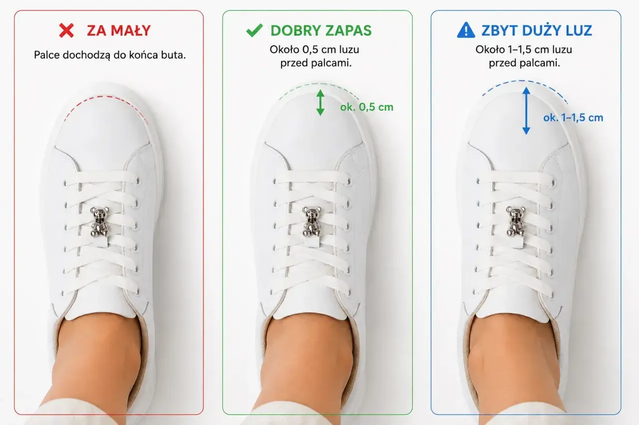 Trzy pary białych sneakersów pokazują dopasowanie: za małe, dobry zapas (ok. 0,5 cm luzu) i za luźne (1-1,5 cm luzu). Rozmiar 39 ile cm? Sprawdź, czy masz ok. 0,5 cm luzu.