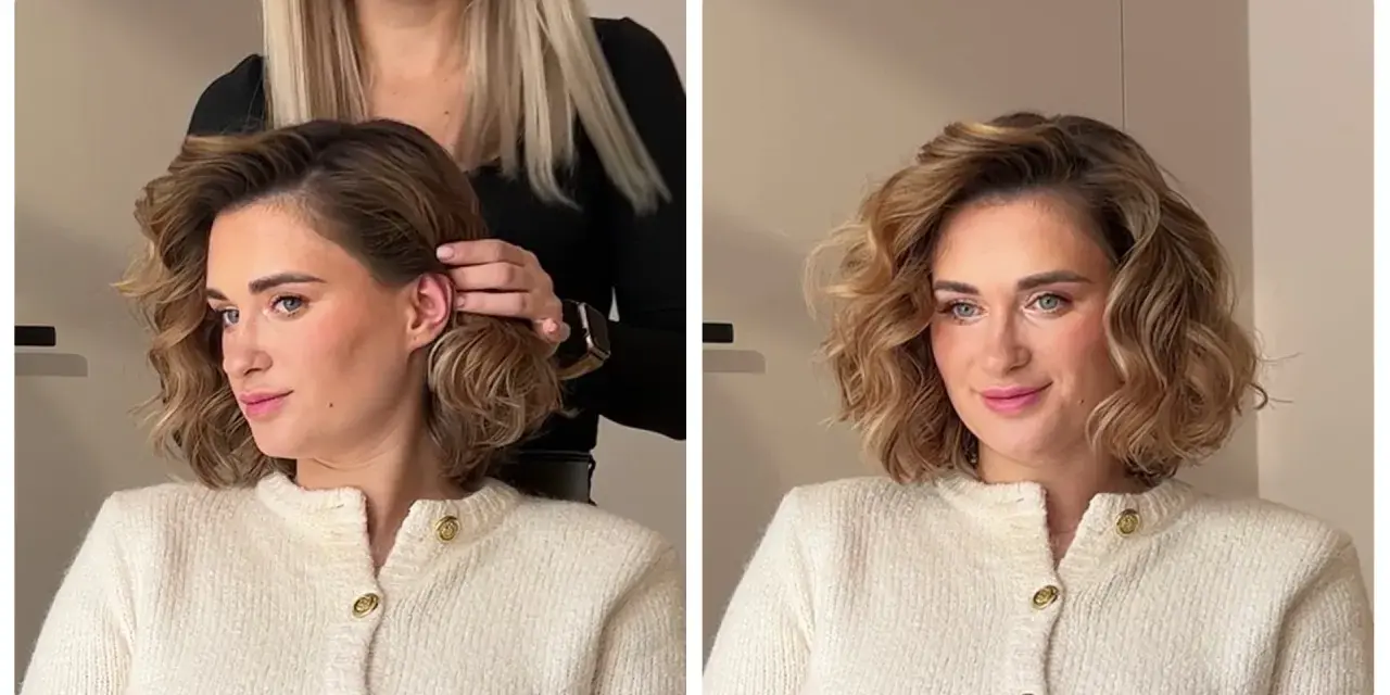 Inspiracja: jak ułożyć włosy krótkie. Fryzjerka stylizuje falowane, krótkie włosy modelki. Efekt końcowy: bujne loki.