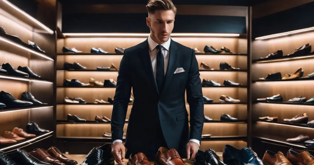 Elegancki mężczyzna w czarnym garniturze wybiera jakie buty do czarnego garnituru będą najlepsze. W tle półki pełne męskiego obuwia.