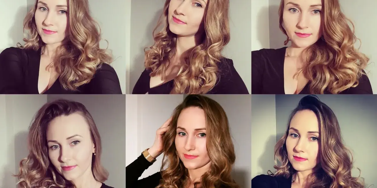 Kobieta prezentuje różne sposoby, jak zrobić loki. Jej blond włosy są pięknie pofalowane i ułożone.