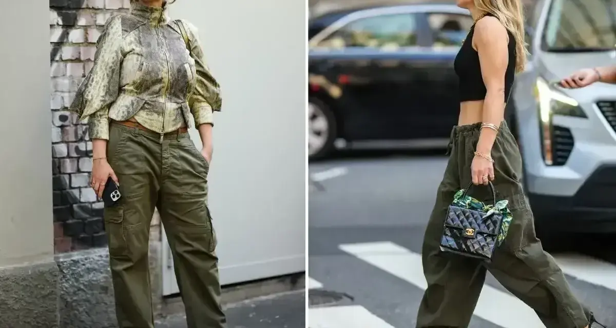 Dwie kobiety w spodniach cargo. Jedna w bluzce z wzorem, druga w czarnym topie. Pokazują, jaki kolor pasuje do khaki – praktycznie wszystko!