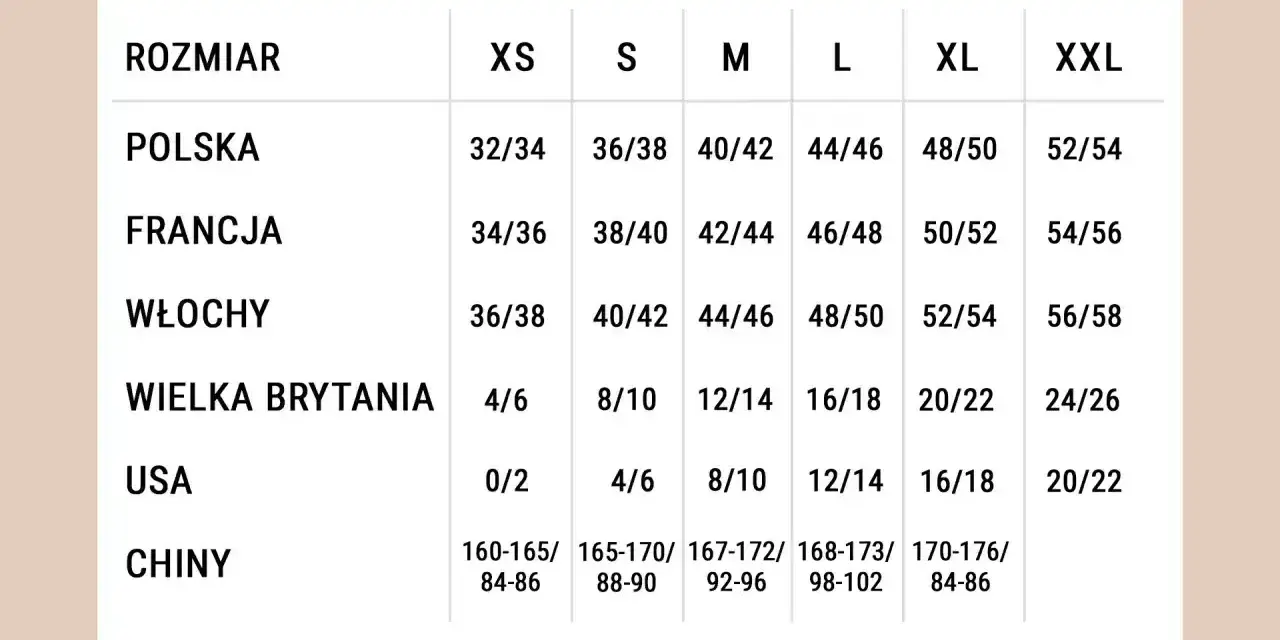 Tabela rozmiarów od XS do XXL. Rozmiar 40 polski odpowiada francuskiemu 42, włoskiemu 44, brytyjskiemu 12/14 i amerykańskiemu 8/10.