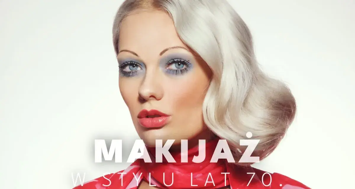 Kobieta z blond falowanymi włosami i wyrazistym makijażem oczu w stylu lat 70. Czerwona apaszka dodaje uroku.