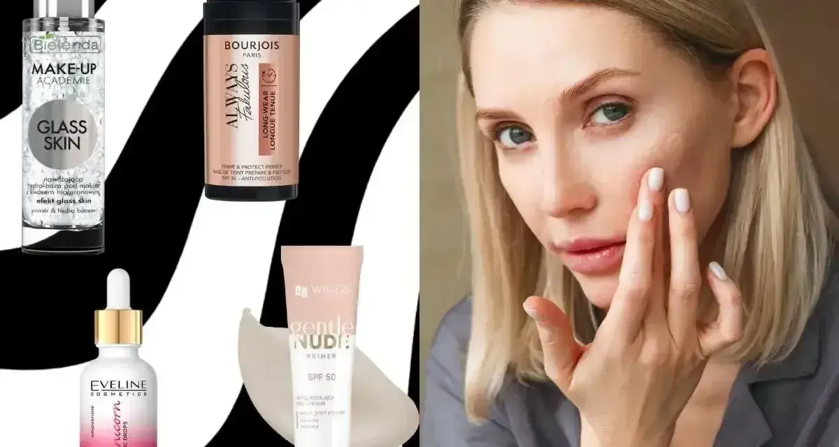 Kobieta aplikuje na twarz najlepszą bazę pod makijaż. Obok kosmetyki: Bielenda, Bourjois, Eveline, Wings.