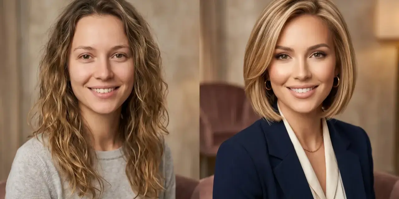 Przed i po: metamorfoza z długich fal do eleganckiego long bob. Taka fryzura pasuje do wielu typów urody, dodając pewności siebie.
