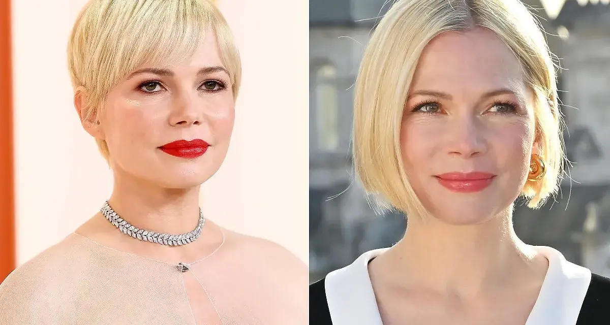 Dwie fryzury dla 40 latki z okrągłą twarzą: krótki pixie cut i elegancki bob.