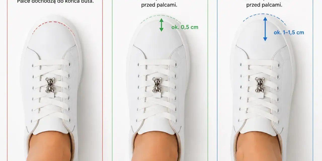 Trzy pary białych sneakersów pokazują dopasowanie: za małe, dobry zapas (ok. 0,5 cm luzu) i za luźne (1-1,5 cm luzu). Rozmiar 39 ile cm? Sprawdź, czy masz ok. 0,5 cm luzu.