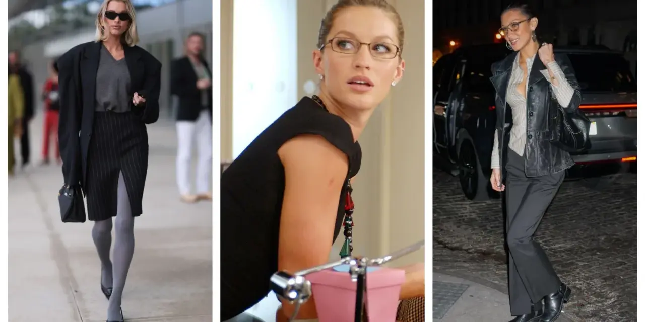 Trzy kobiety w eleganckich stylizacjach, w tym jedna z nich jako office siren, prezentują modę uliczną i biurową.