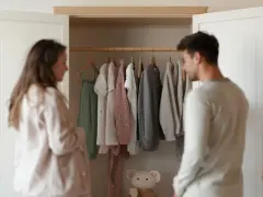 Para przygotowuje ubranka dla niemowlaka. W szafie wiszą ubranka, w tym śpioszki w rozmiarze 62, idealne dla noworodka.