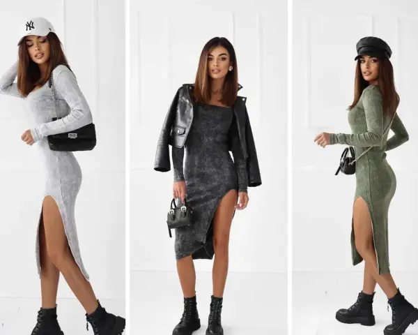 Trzy kobiety prezentują modny styl ubioru: dopasowane sukienki z rozcięciem, botki i torebki.