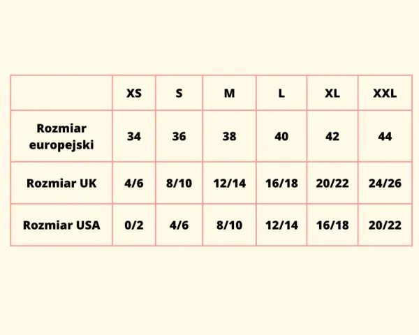 Tabela rozmiarów: europejski 36 to S, UK 8/10, USA 4/6.