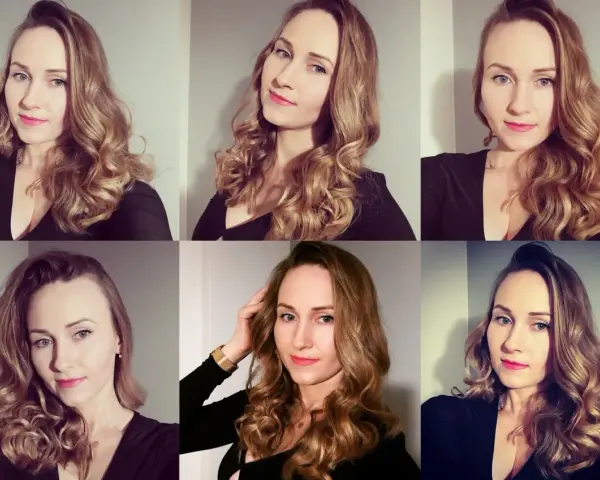 Kobieta prezentuje różne sposoby, jak zrobić loki. Jej blond włosy są pięknie pofalowane i ułożone.