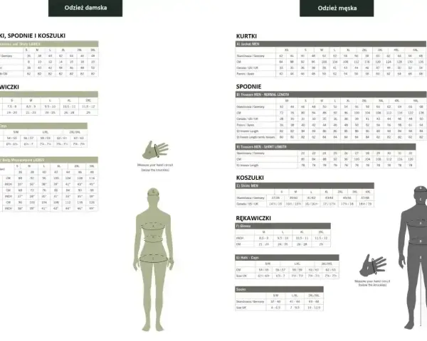 Tabela rozmiarów odzieży męskiej i damskiej. Rozmiar 28 spodnie damskie jaki to rozmiar? Sprawdź w tabeli "Bearhunter Body Measurement LADIES", gdzie rozmiar 28 odpowiada rozmiarowi S.