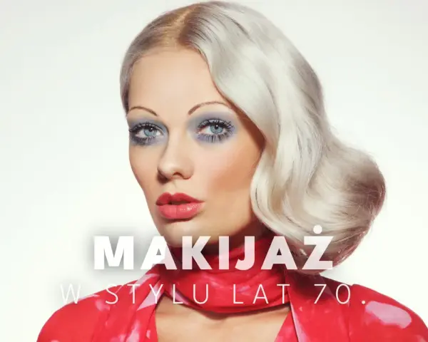 Kobieta z blond falowanymi włosami i wyrazistym makijażem oczu w stylu lat 70. Czerwona apaszka dodaje uroku.
