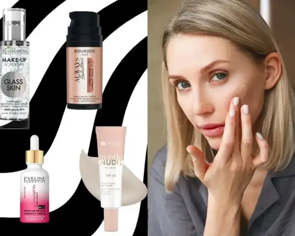 Kobieta aplikuje na twarz najlepszą bazę pod makijaż. Obok kosmetyki: Bielenda, Bourjois, Eveline, Wings.