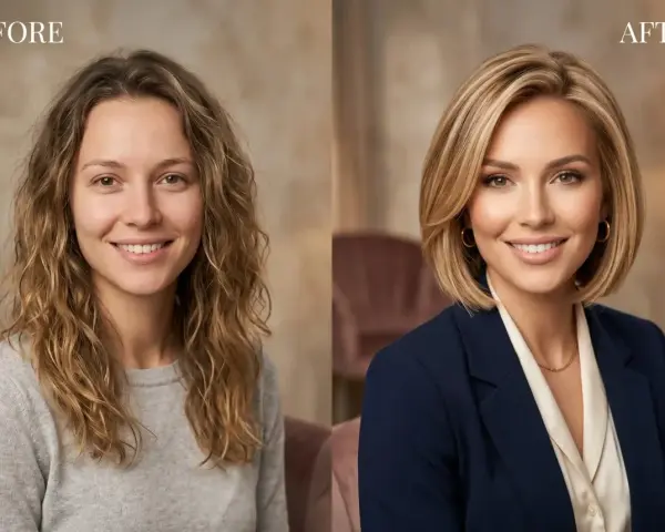 Przed i po: metamorfoza z długich fal do eleganckiego long bob. Taka fryzura pasuje do wielu typów urody, dodając pewności siebie.