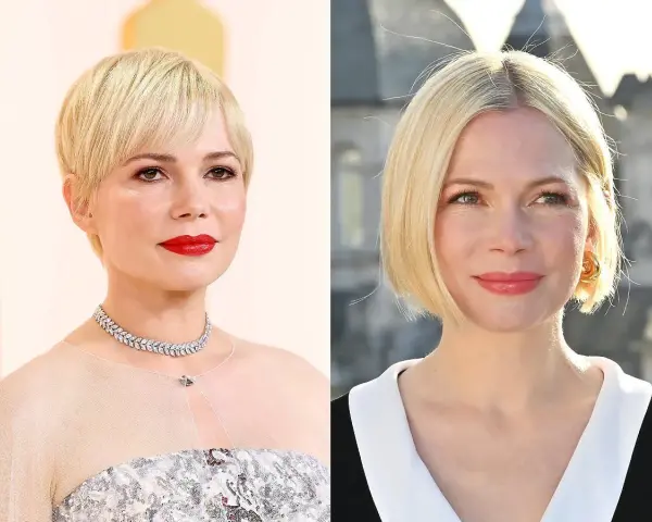 Dwie fryzury dla 40 latki z okrągłą twarzą: krótki pixie cut i elegancki bob.