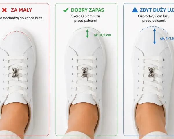 Trzy pary białych sneakersów pokazują dopasowanie: za małe, dobry zapas (ok. 0,5 cm luzu) i za luźne (1-1,5 cm luzu). Rozmiar 39 ile cm? Sprawdź, czy masz ok. 0,5 cm luzu.