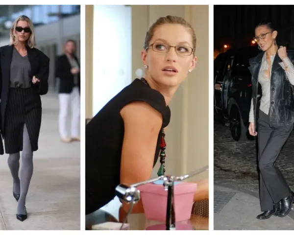 Trzy kobiety w eleganckich stylizacjach, w tym jedna z nich jako office siren, prezentują modę uliczną i biurową.