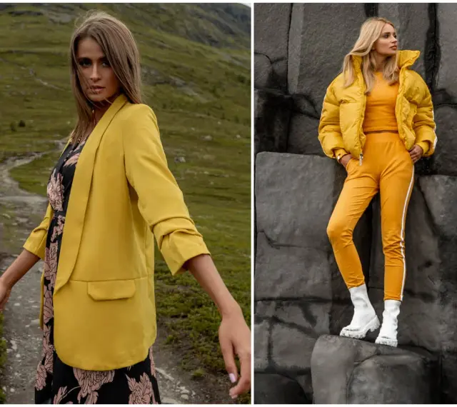 Dwie kobiety w stylizacjach w kanarkowym kolorze. Jedna w marynarce i sukience na tle gór, druga w puchowej kurtce i dresie na tle skał.