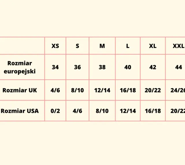 Tabela rozmiarów: europejski 36 to S, UK 8/10, USA 4/6.