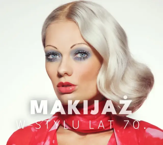 Kobieta z blond falowanymi włosami i wyrazistym makijażem oczu w stylu lat 70. Czerwona apaszka dodaje uroku.