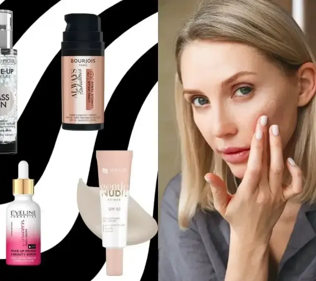Kobieta aplikuje na twarz najlepszą bazę pod makijaż. Obok kosmetyki: Bielenda, Bourjois, Eveline, Wings.