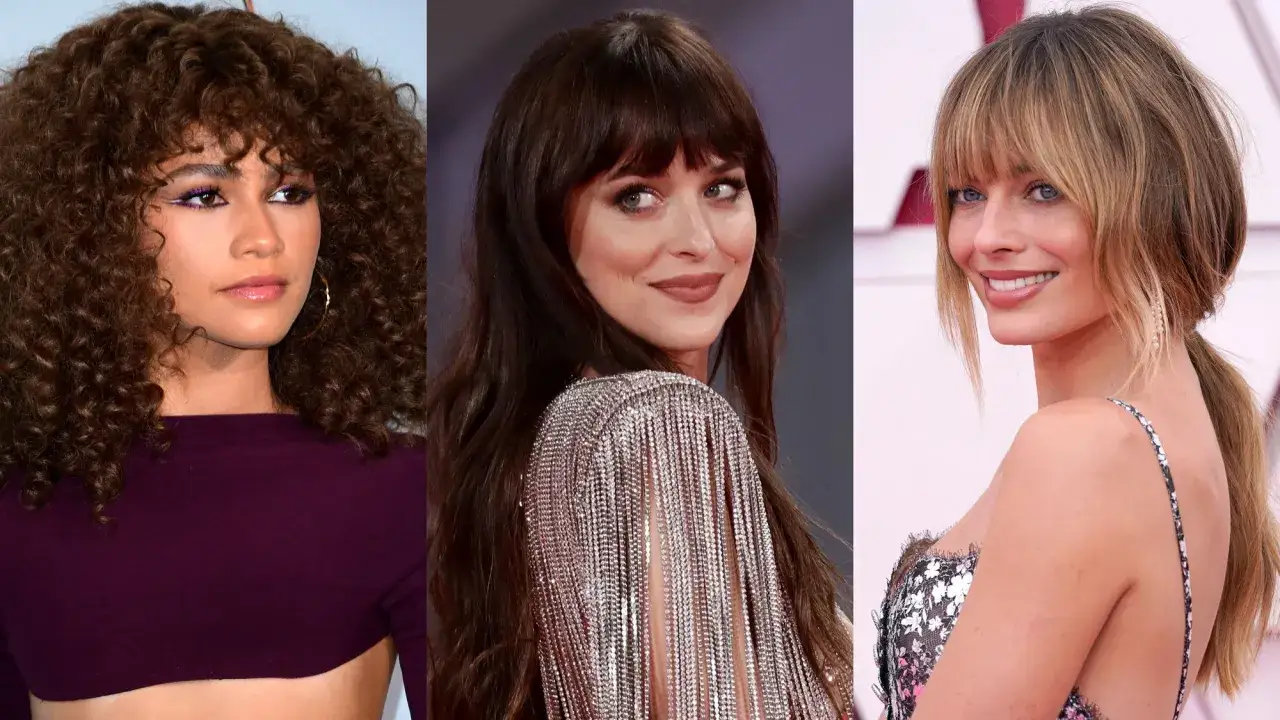 Zendaya, Dakota Johnson i Margot Robbie prezentują różne fryzury, w tym lekka grzywka na boki.