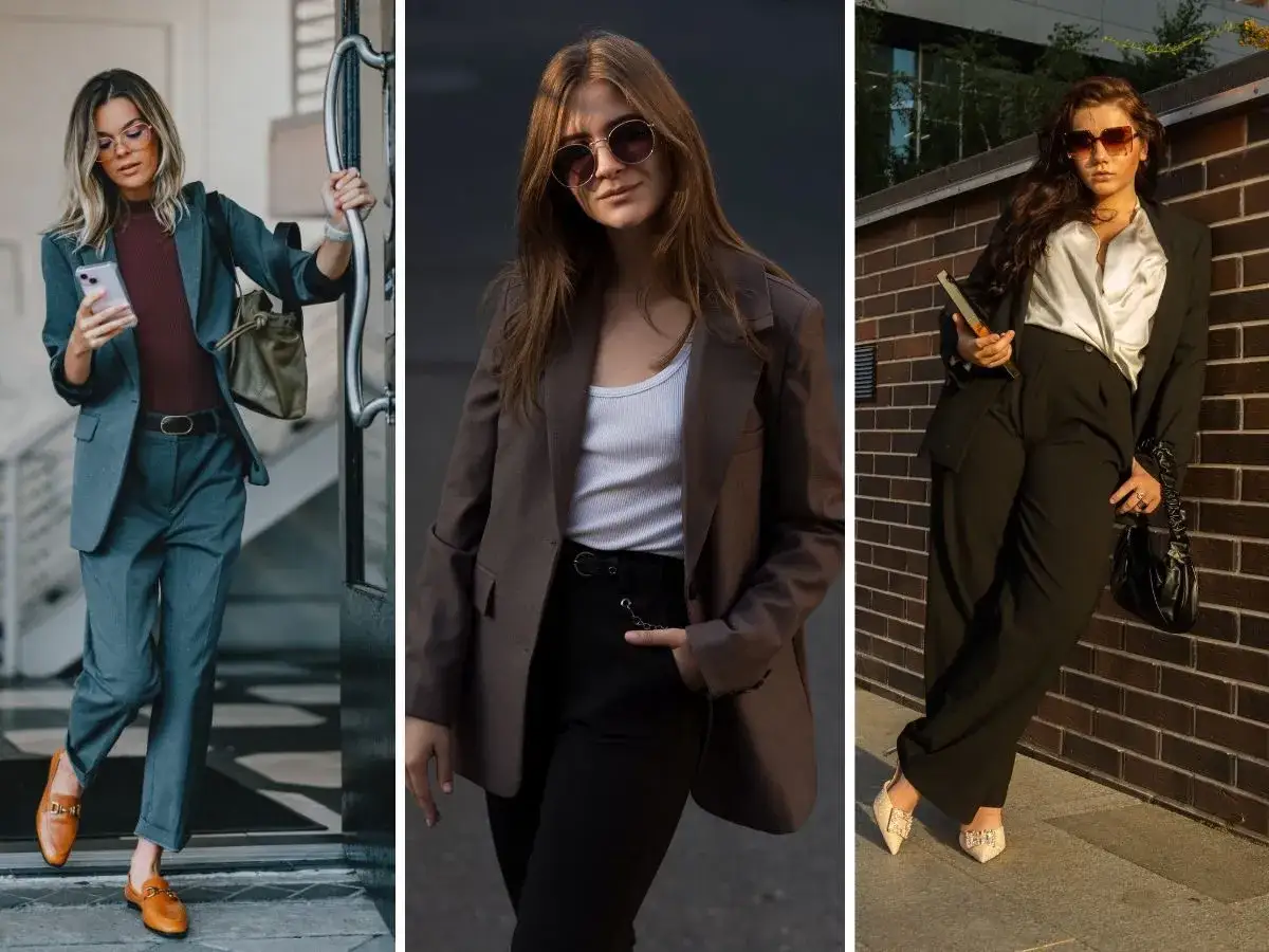 Trzy kobiety w eleganckich stylizacjach office siren. Jedna w szarym garniturze, druga w brązowej marynarce, trzecia w czarnym komplecie.