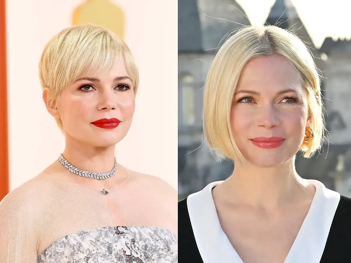 Dwie fryzury dla 40 latki z okrągłą twarzą: krótki pixie cut i elegancki bob. Obie podkreślają urodę.