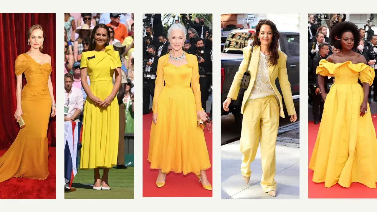 Pięć kobiet w stylizacjach w kanarkowym kolorze: Diane Kruger, księżna Kate, Helen Mirren, Katie Holmes i Viola Davis.