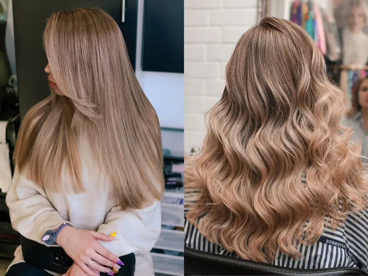 Dwie kobiety prezentują modne kolory włosów: jeden prosty, beżowy blond, drugi falowany, w odcieniach miodowego blondu.