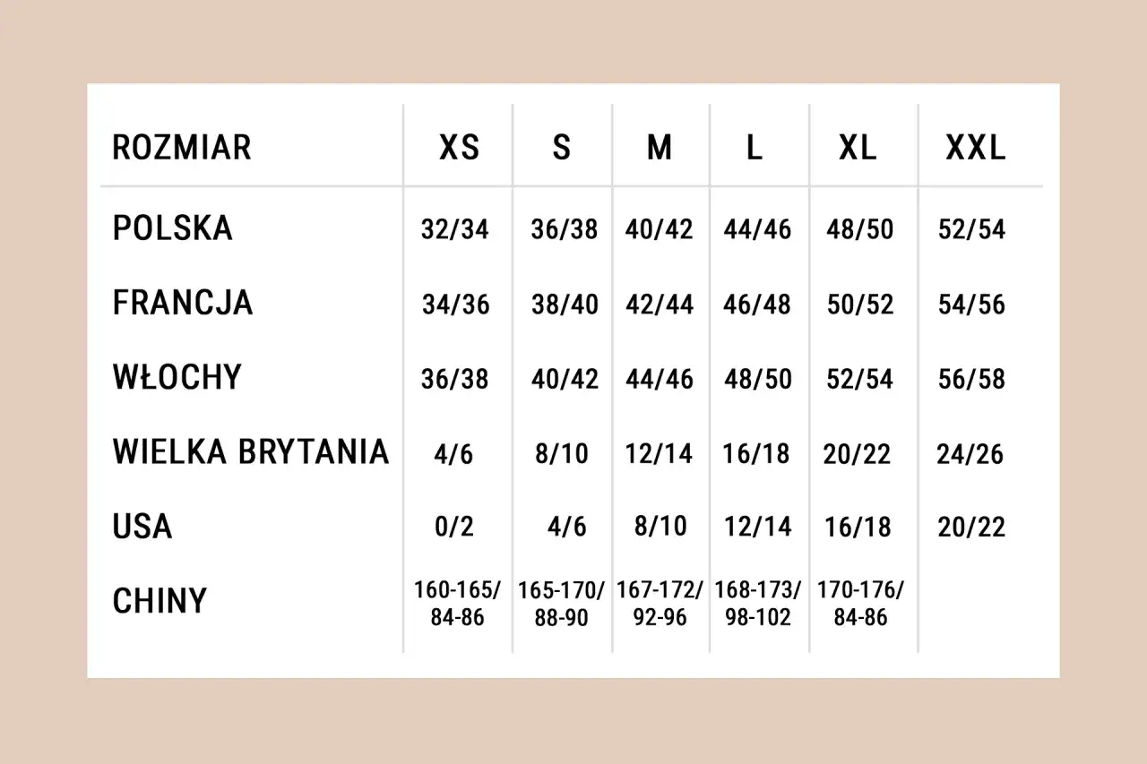 Tabela rozmiarów: polski 44/46 to francuski 42/44, włoski 48/50, brytyjski 16/18, USA 12/14, chiński 168-173/98-102.