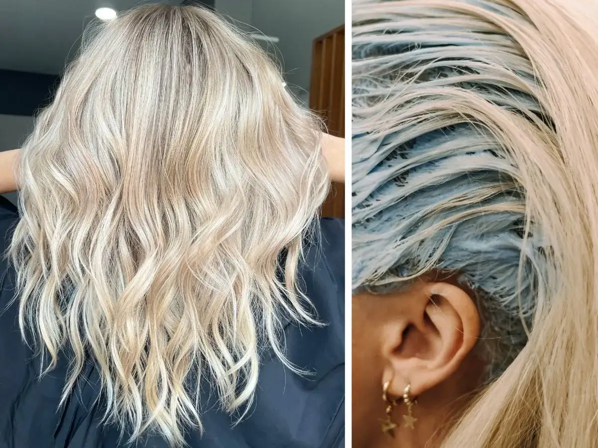 Piękne blond włosy po zabiegu. Po lewej widać efekt końcowy, po prawej – aplikację produktu, który wyjaśnia, co to jest toner do włosów.