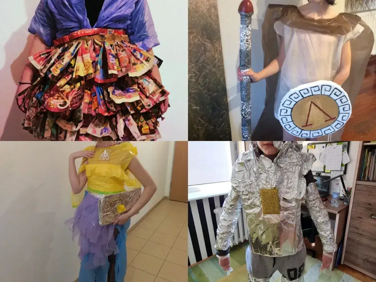 Kreatywne stroje z recyklingu, alternatywa dla fast fashion. Kolorowa spódnica z opakowań, grecki wojownik, żółta sukienka i srebrny kostium.