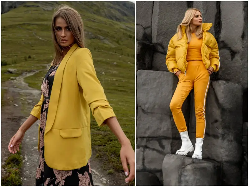 Dwie kobiety w stylizacjach w kanarkowym kolorze. Jedna w marynarce i sukience na tle gór, druga w puchowej kurtce i dresie na tle skał.