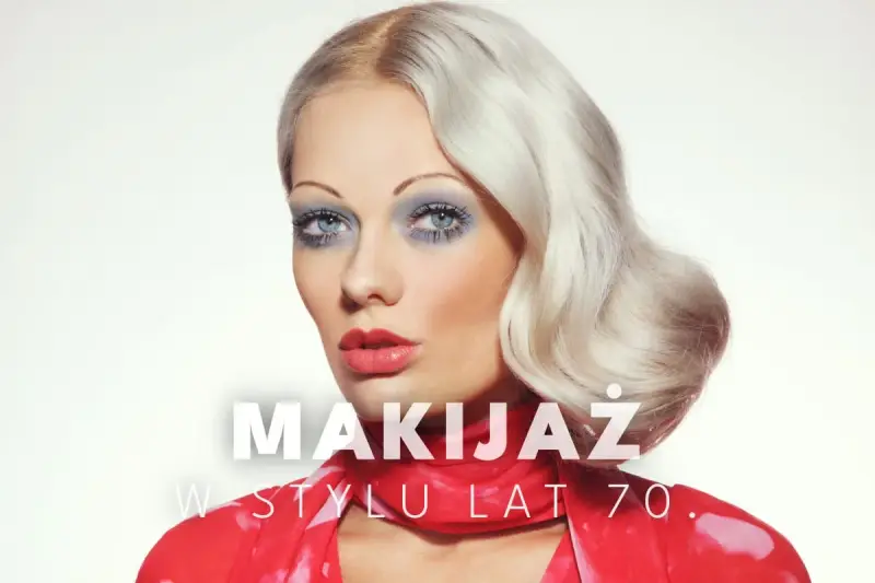 Kobieta z blond falowanymi włosami i wyrazistym makijażem oczu w stylu lat 70. Czerwona apaszka dodaje uroku.