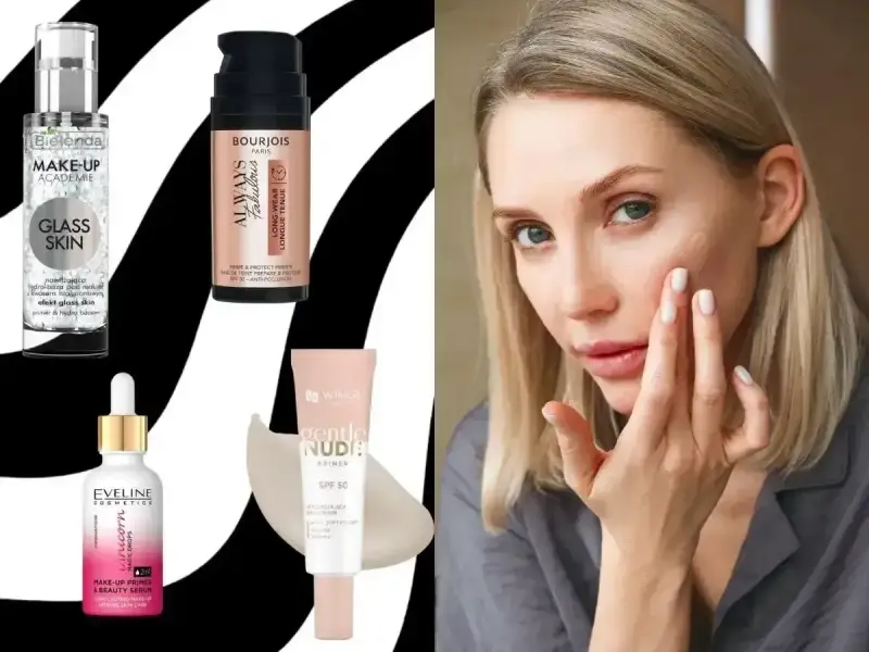 Kobieta aplikuje na twarz najlepszą bazę pod makijaż. Obok kosmetyki: Bielenda, Bourjois, Eveline, Wings.